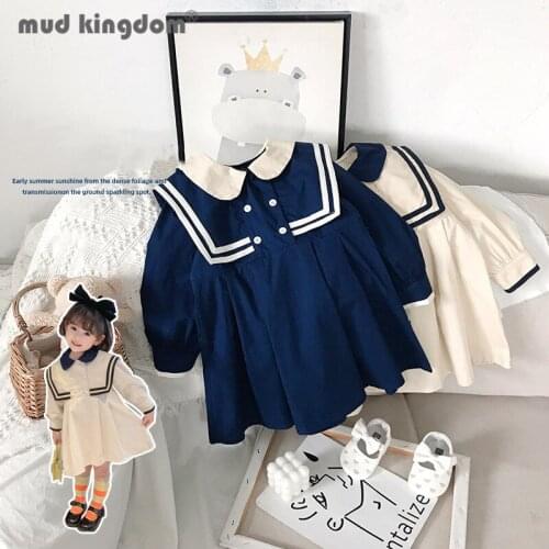Mudkingdom Girl Dress Long Puff Sleeve Preppy Style Sailor Collar Loose Patchwork Princess Dress Toddler Spring Autumn Clothes