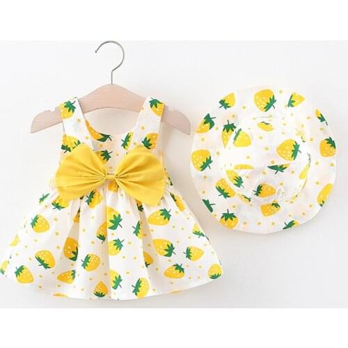 Baby Girls Dress Flower Print Princess Cute Dresses Sleeveless Infant Children Summer Outfit With Hat 2PCS Kids Clothing