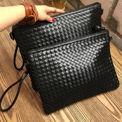 Weave Knitting Leather hand Bag Briefcases Business Shoulder Bag Vintage Male Document Bag A4 Paper File Pouch Envelope Bag