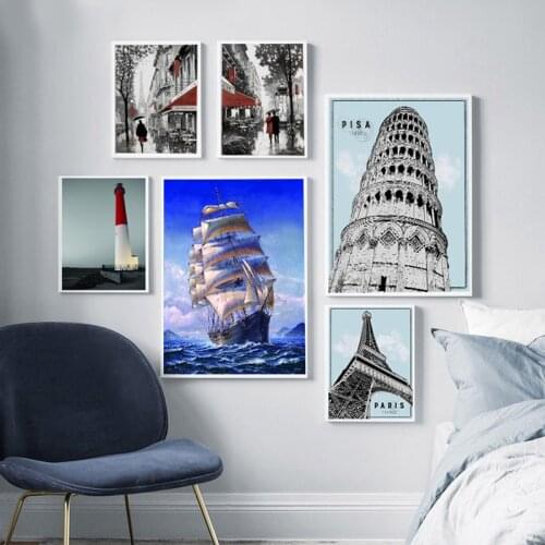 Self-adhesive wall sticker Home Decor FSailing, lighthouse, nautical Posters and Prints Hang Pictures for Living Room Decoration