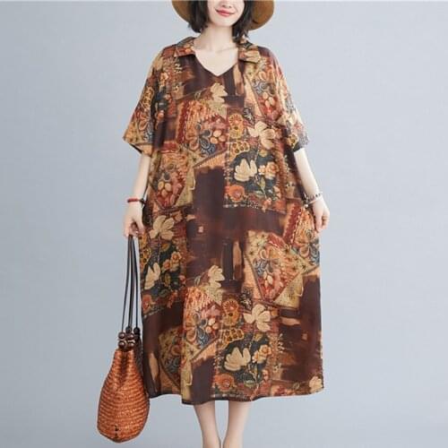 Plus Size 5XL Loose Summer Dress Turn-down Collar Satin Linen Print Floral Vintage Dress Plus Size Women Holiday Casual Dress