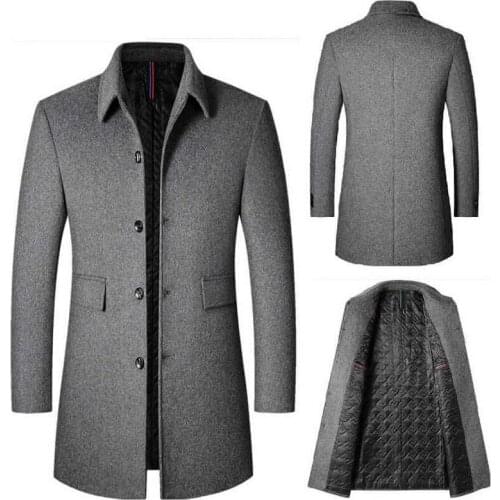 Stand-Up Collar Woolen Trench Coat windbreaker Coat Men Autumn Winter Mid-Length Warm Trench Overcoats Woolen Coat