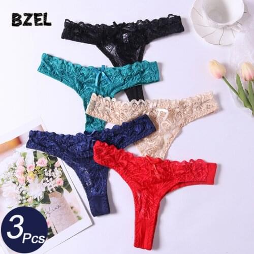 BZEL 3Pcs/lot Sexy Womens Lace Sport Panties Underwear Hollow Out Thongs Mid Waist Solid Female Comfort Lady Lingerie G-String