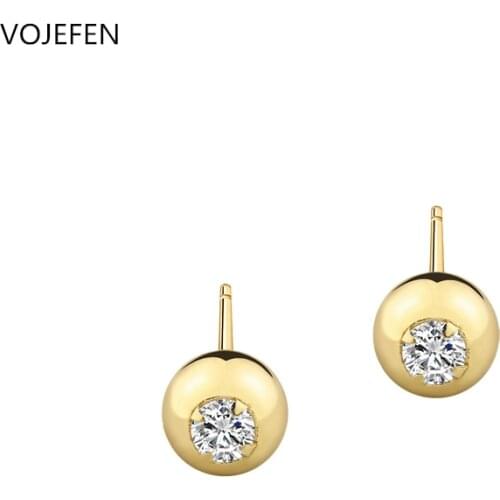 VOJEFEN AU750 18k Yellow Gold Hypoallergenic Round Cubic Zirconia Stud Earrings Bead Round Ball Studs For Girls Fine Jewelry