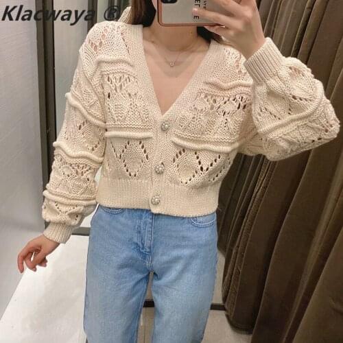 Knitted Cardigan Women Vintage Sweater Cute Cropped V Neck Pearl Buttons Long Sleeve Hollow Out Truien Strickjacke Damen Knit