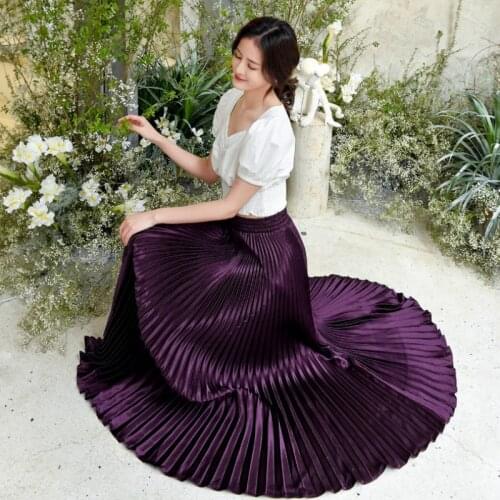 Korean Women Fashion Pleated Satin Long Skirt Female Chic Streetwear Elastic High Waist Red Skirts Saia 2020 Spring Summer FY316