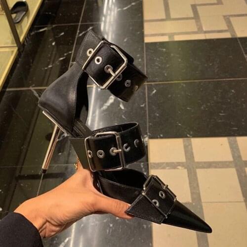 Europe And America Show Sandals Women 2020 New Summer Hollow Roman Sandals Slim Heel Black Pointed Toe Popular High Heels