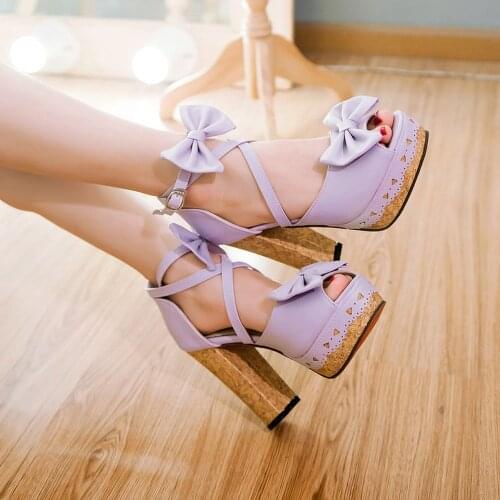 US4-11 Womens Sweet Lolita Bowknot Buckle Strap Peep Toe Casual High Heel Shoes Plus Size Pumps 4Colors Plus Size C748