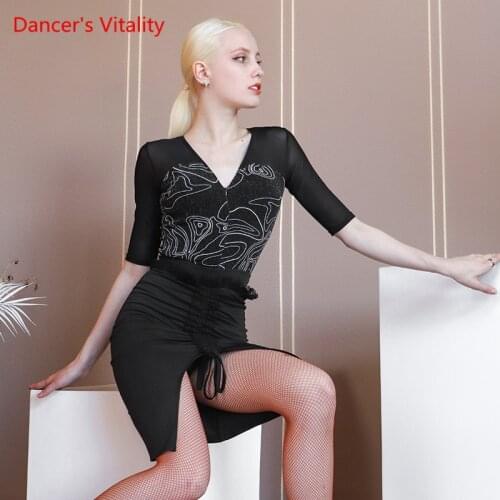 Latin Dance Body Suit V-neck Short-sleeves Onesies Top Fashion Female Adult Professional Performance Clothing Dancing Clothes