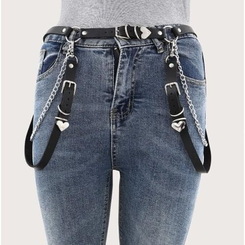 Ladies Heart Pendant Leather Harness Belt Metal Tassel Chain For Women Skirt Accessories Female Punk Style Goth Bondage Belt