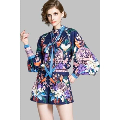 Vintage Fashion Bow Tie Floral Print Lantern Sleeve Shirts Blouses + High Waist Casual Shorts 2021 Runway Autumn 2 Piece Set