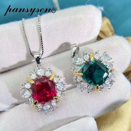 PANSYSEN Luxury 10*11MM Ruby Emerald Simulate Moissanite Gemstone Pendant Necklaces for Women Anniversary Cocktail Party Gifts