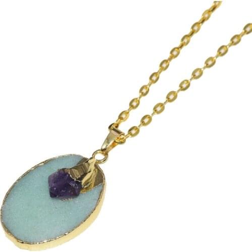 2019 Fashion Jewelry Gold Bezel Natural gem stone oval Pendant chain necklace girl green aventurine point pendant necklace women