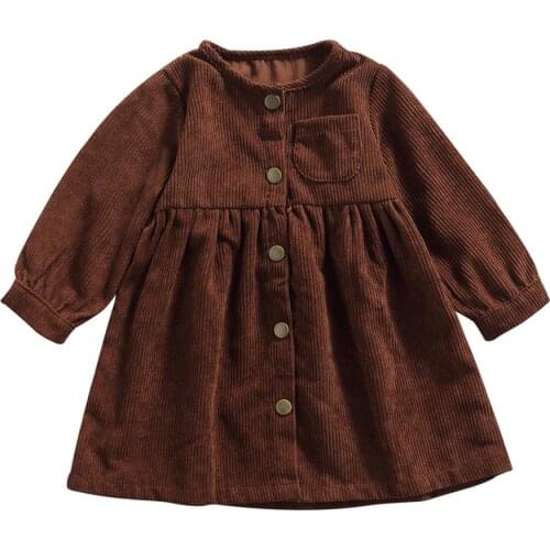 2021 2-7Y Casual Toddler Girls Corduroy Dress Brown Solid Color Long Sleeve O Neck Button A-line Dress Spring Autumn Outfit