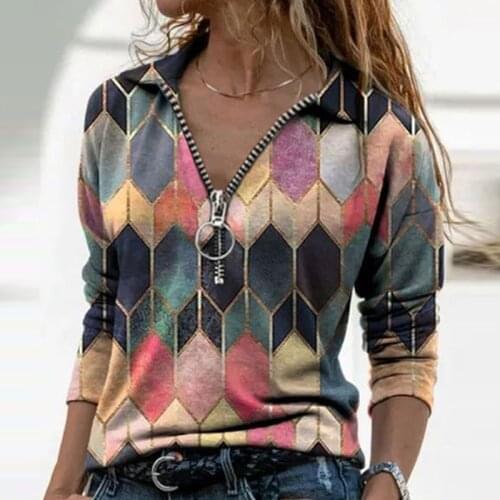 2021 Women Long Sleeve V Neck Geometric Print Blouse Vinrage Loose Shirt Spring Casual Pullover Ladies Elegant Tops