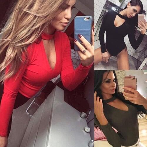 2021 Sexy Womens Long Sleeve Bodysuit Choker Romper Deep V Neck Bodycon Body Suit One Piece Fitness Overalls Body Mujer