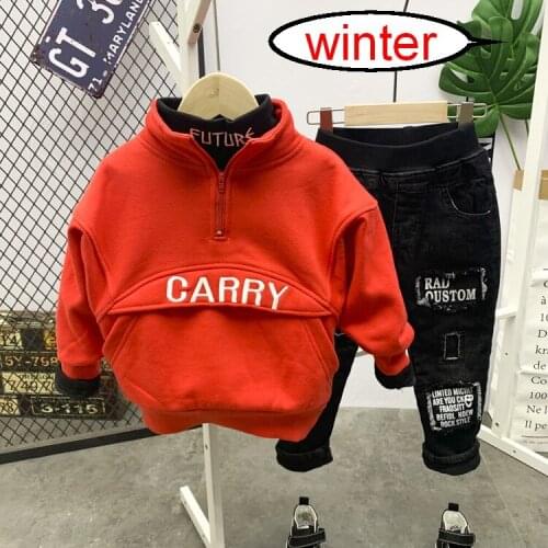 Winter Toddler Kids Cool Baby Boy Plush Sweater + T-Shirt + Thickening Jeans 3pcs Outfits Children Clothing Sets 2-6years