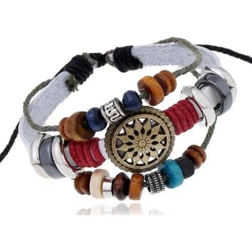 Fashion Vintage Casual Flower Charm Bead Bracelet Retro Multilayer Leather Wrap Bangle Ethnic Wristband Unisex Rock Punk Jewelry
