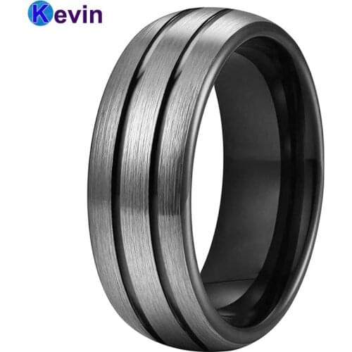 Black Wedding Ring Tungsten Men Women Ring Dome Band And Grooved Finish 8MM Comfort Fit