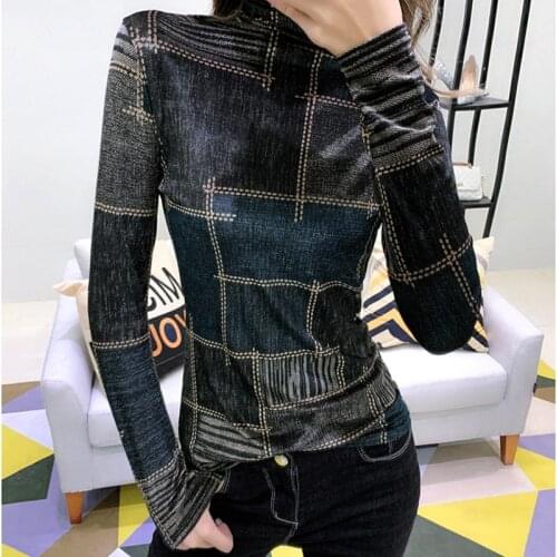 Spring 2021 Autumn High-Neck Long-Sleeved Velvet Shirt Streetwear Turtleneck Plaid Female T-shirts bodycon Ladies Tops 566C