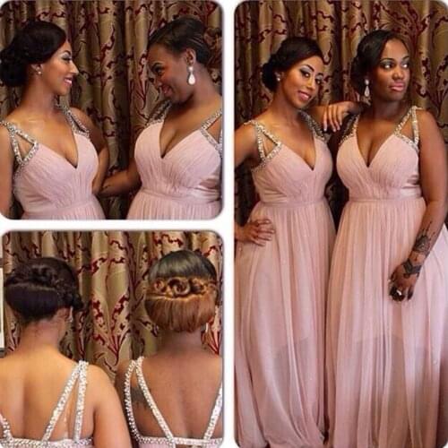 Elegant Simple Cheap Deep V Neck Long Pink A Line Chiffon Women Wedding Guest Dress Bridesmaid Dresses