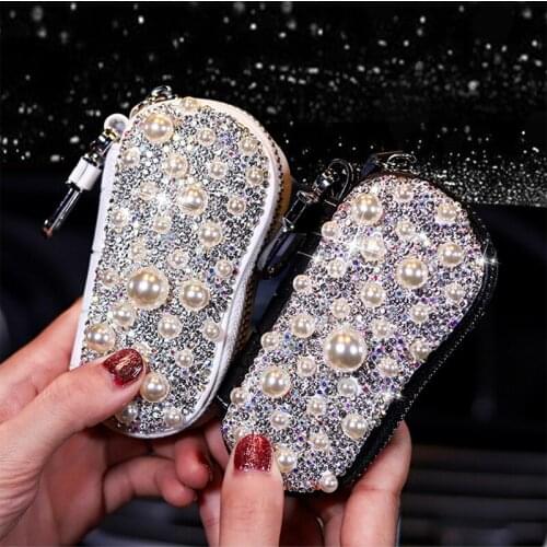 Hotsale fashion birthday gift car decorations diamond flower pearl rhinstones car key case