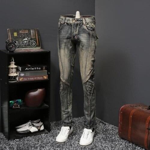Harajuka New Brand Mens Vintage Wash Distressed Mens Denim Pants Full Length Motorcycle Bike Slim Fit Straight Plus Size Trouser