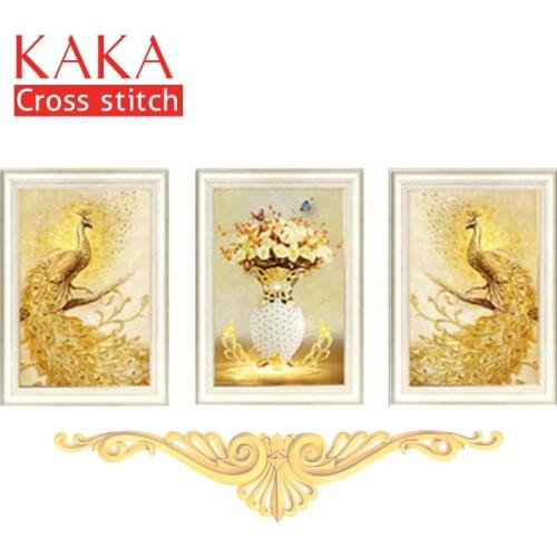 KAKA Cross stitch kits,5D Triplets Gold Peacock,Embroidery needlework sets with printed pattern,11CT canvas,Home Decor Painting