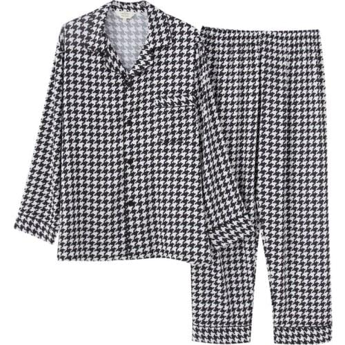 Loose Men 2PCS Houndstooth Print Pajamas Suit 2021 Spring New Satin Nightwear Lounge Home Wear Full Sleeve Shirt&Pant Sleepwear