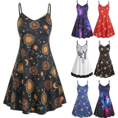 Galaxy Sky Tie-dyed Dress Women Summer Sleeveless Star And Moon Printed Spaghetti Strap Dresses O-neck Dress Vestidos Robe Femme