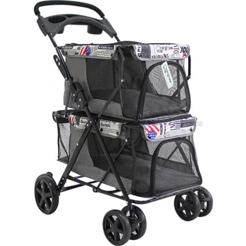 Portable Folding Double-layer Pet Stroller for 2 Dogs with Large Space Four-wheeled Double Dog Strollers Sale Outdoor Travel