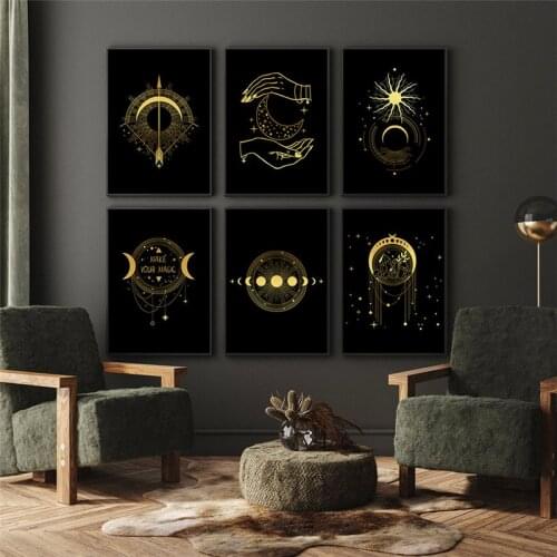Black Gold Sun Moon Star Canvas Poster Print Modern Home Decor Abstract Wall Art Painting Nordic Living Room Decoration Picture