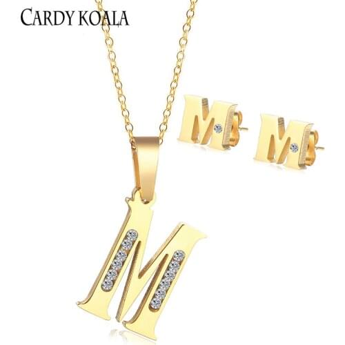 Simple and fashionable letter M diamond-studded titanium steel jewelry set earrings necklace gold-plated childrens alphabet ear