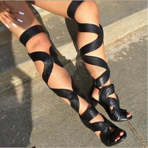 Knee High Gladiator Sandals Fish Mouth Thin Heels Lace-up Sandalias Mujer Rome Shoes Women Sandal Sexy Black Cool Sandals Boots