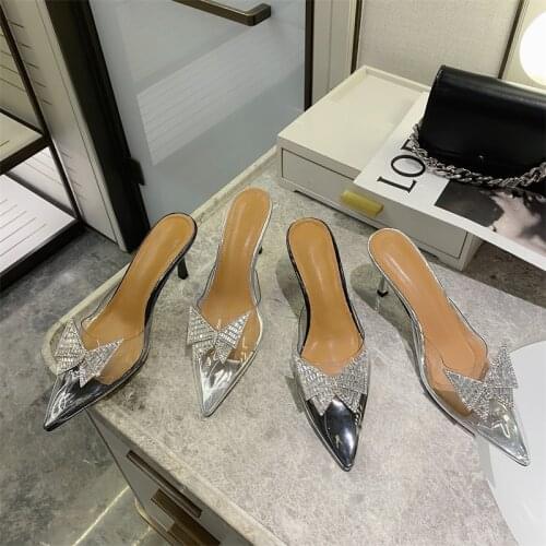 Clear Shoes Women Slides Designer Slides Ladies Mules Shoes Woman Pointed Toe Transparent Slippers High Heels Rhinestone Shoes
