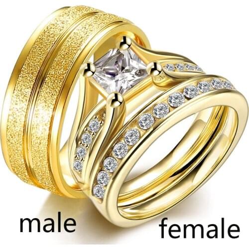 Sz6-12 Couple Rings His Hers Yellow Gold Filled Princess cut Cz Womens Wedding Rings Sets Stainless Steel Mens Wedding Band