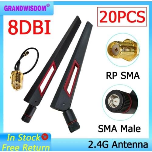 20pcs 2.4GHz WiFi Antenna 8dBi Aerial SMA Male Connector 2.4 ghz antena wi-fi 2.4G +21cm PCI U.FL IPX to RP-SMA Pigtail Cable