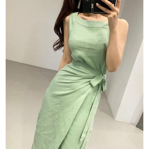 Retro Sleeveless Cotton and Linen Women Dress Summer One-piece Slim Waist Lace-up Female Long Dress Vestidos Femme Green 2021