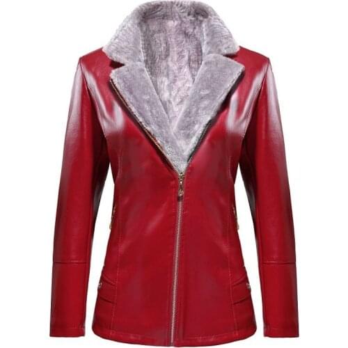 Winter Women Thick Warm Plush Velvet Faux Fur Collar Motorcycle Jacket Casual Faux PU Leather Coat Outwear Tops Female Y528