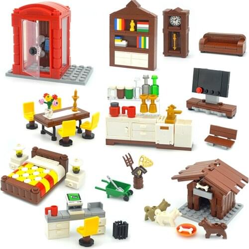 Locking MOC Blocks Desk Bookcase Piano Bathtub Set Building Blocks Toys for Children for DIY Scenes Blocks Parts
