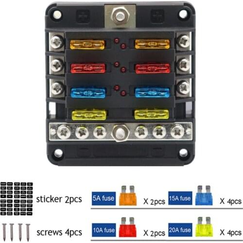 12V 32V Plastic Cover Fuse Box Holder M5 Stud With LED Indicator Light 6 Ways With Negative Bus Blade for Auto Car Boat Truck RV