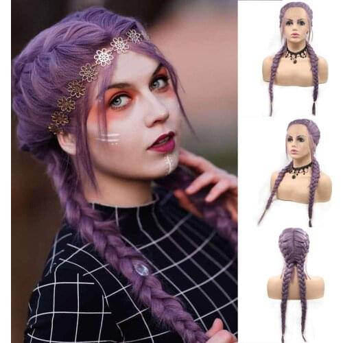 Purple Long Double Braids Lace Front Wig Nature Look Braid with Baby Hair Heat Resistant Fiber Daily Wear Wigs For Women 24 Inch
