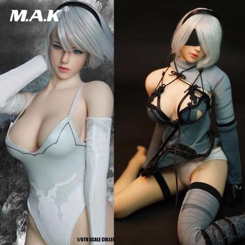 Collectible 1/6 Scale 2B PS4 NieR Automata Head Sculpt Carved Short White Painted Hair Model for 12 inches Action Figure Body