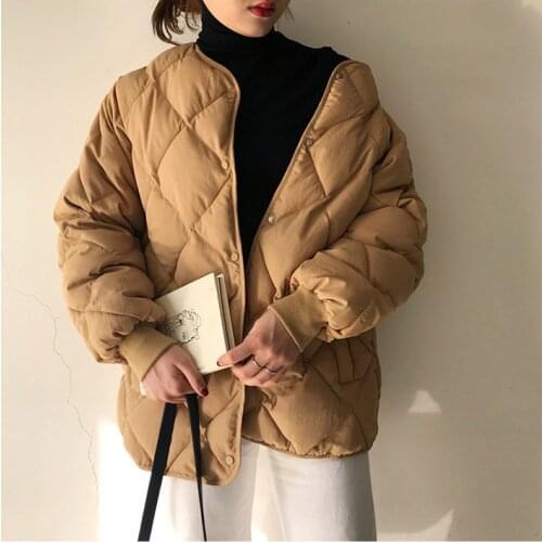 Obrix Female Short Autumn Spring Duvet Casual Style Covered Buttons Loose Fit Solid Color Jacket For Women