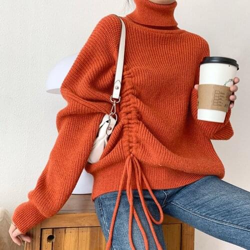 Drawstring Minimalist Pullover Knitted Sweater 2021 Winter Loose Turtle Neck Long-Sleeved Women Thickened Solid Color