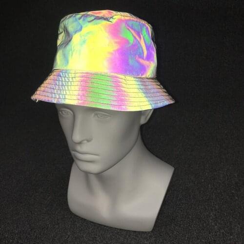 Men women colorful reflective bucket hat night hip hop reflective cap unisex fisherman hat