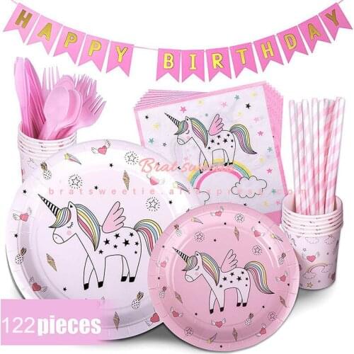 Unicorn Disposable Tableware Disposable Paper Plate Cups Unicorn Birthday Party Decorations Kids Party Supplies