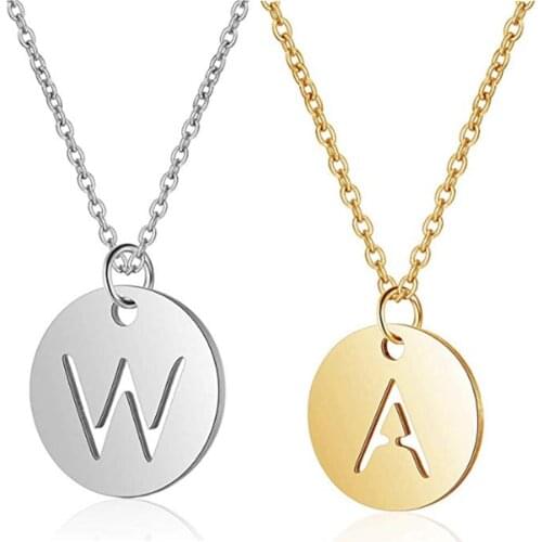 Stainless Steel Initial Letter Charm Necklace Round Disc Hollow A-Z Alphabet Pendant Necklace Womens Jewelry Gift