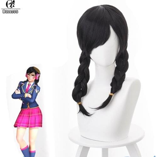 ROLECOS Over New Academy D.VA Cosplay Hair OW School Girl DVA Cosplay Headwear Black Ponytail 50CM Synthetic Hair for Women