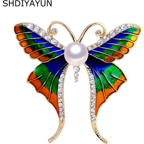 SHDIYAYUN 2019 New Pearl Brooch Enamel Butterfly Brooch For Women Gold Brooch Pins Natural Freshwater Pearl Jewelry Dropshipping